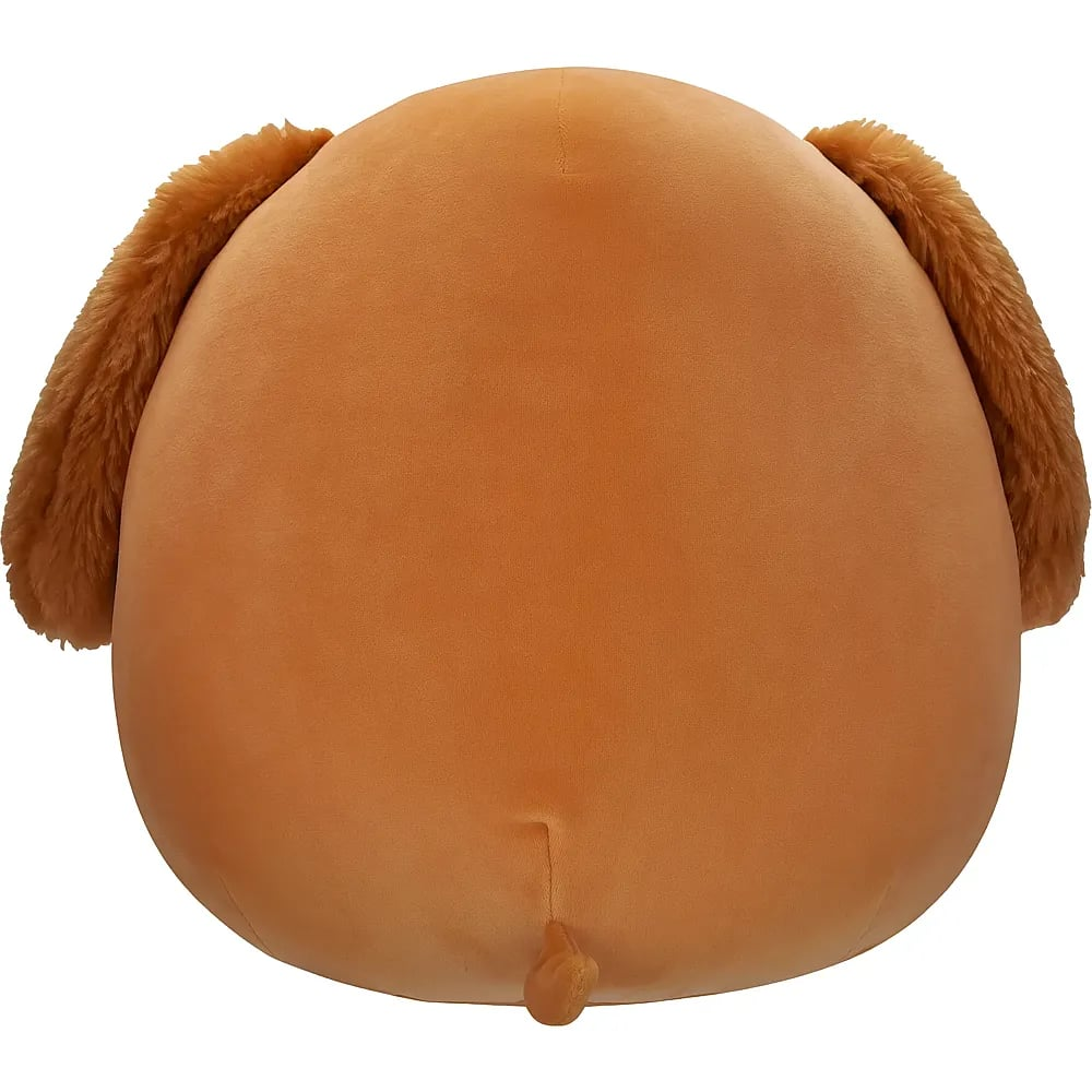 Vue arrière d'une peluche ronde et marron avec des oreilles tombantes et une petite queue sur fond blanc.