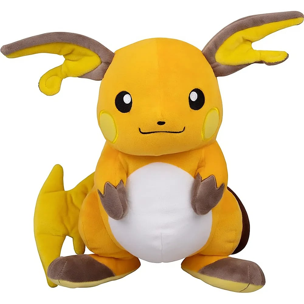Ein gelbes Plüschtier Raichu mit großen Ohren, weißem Bauch und braunen Pfoten auf weißem Hintergrund.