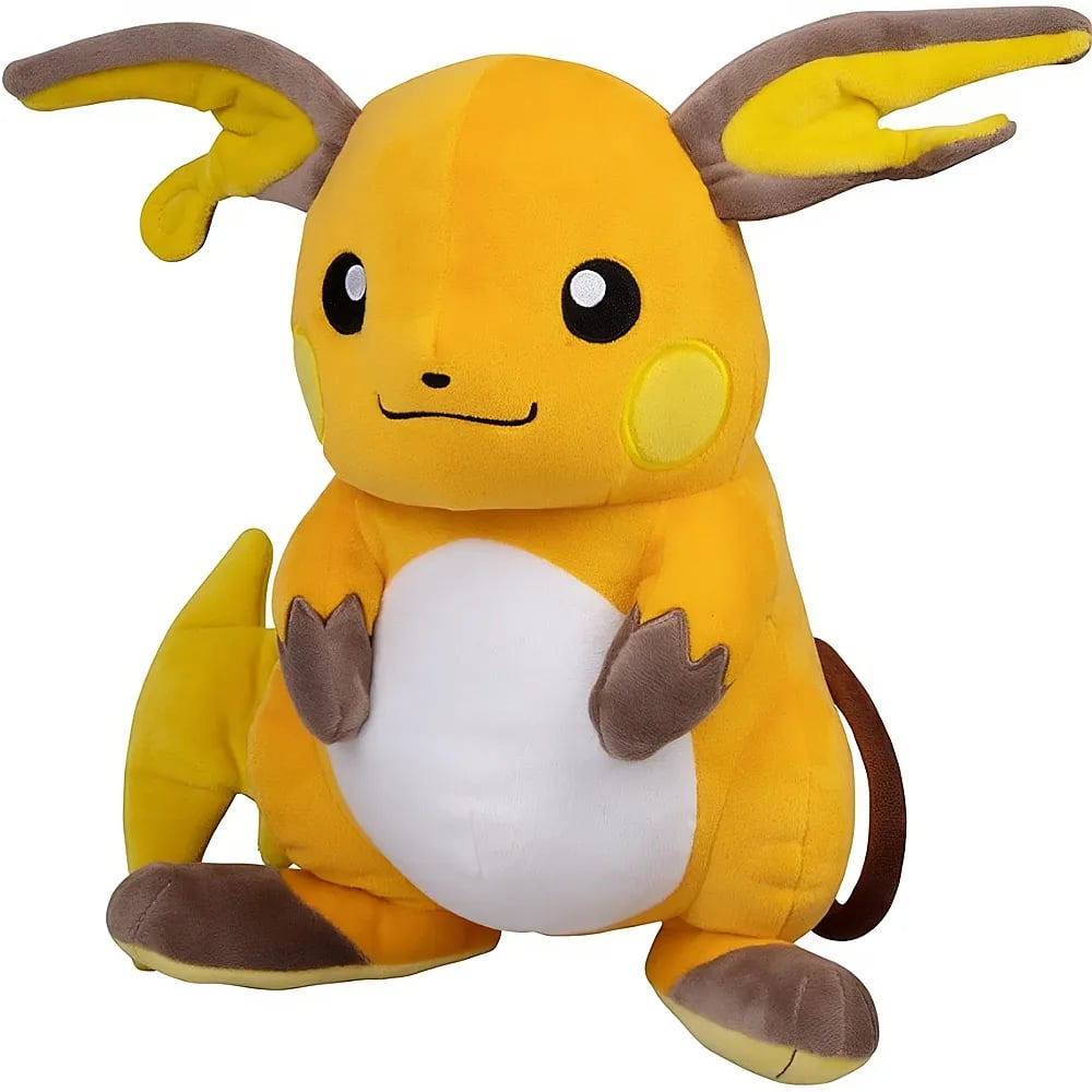 Ein weiches Plüschtier der Pokémon-Figur Raichu mit großen Ohren, gelbem Körper und weißem Bauch.
