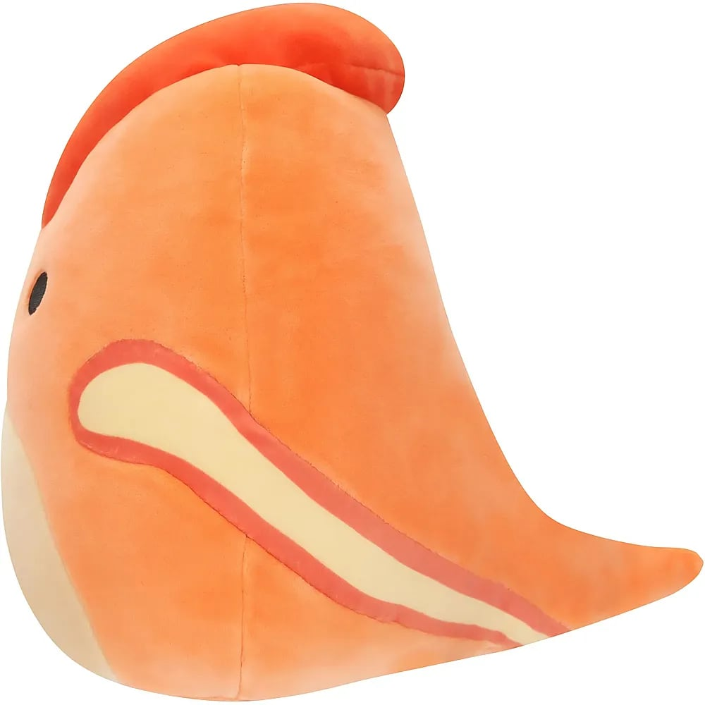 Ein weiches, orangefarbenes Plüschtier mit einer roten Rückenflosse und gelben Streifen.