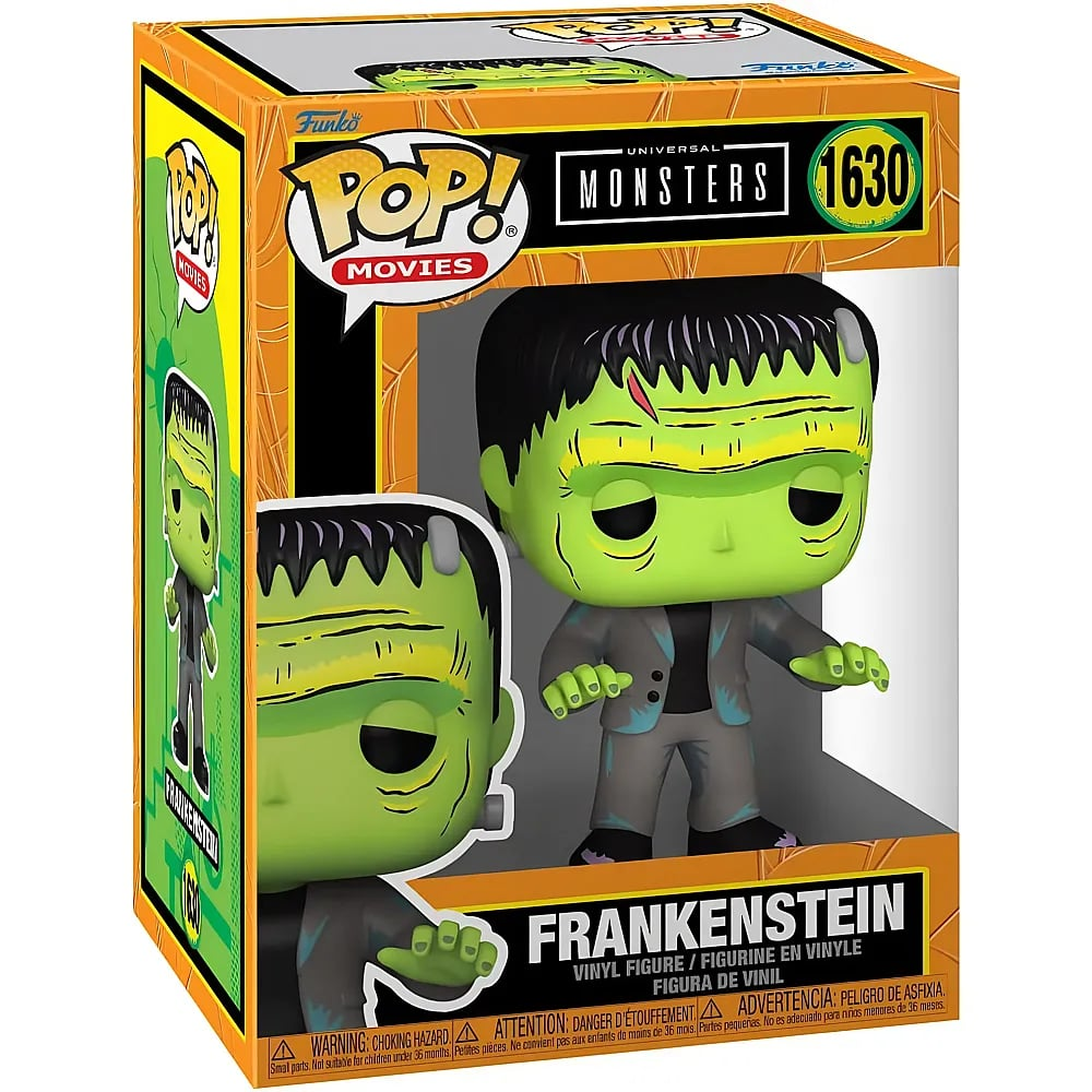 Funko Pop! Figur von Frankenstein in einer orange-schwarzen Sammlerbox mit Universal Monsters Branding.