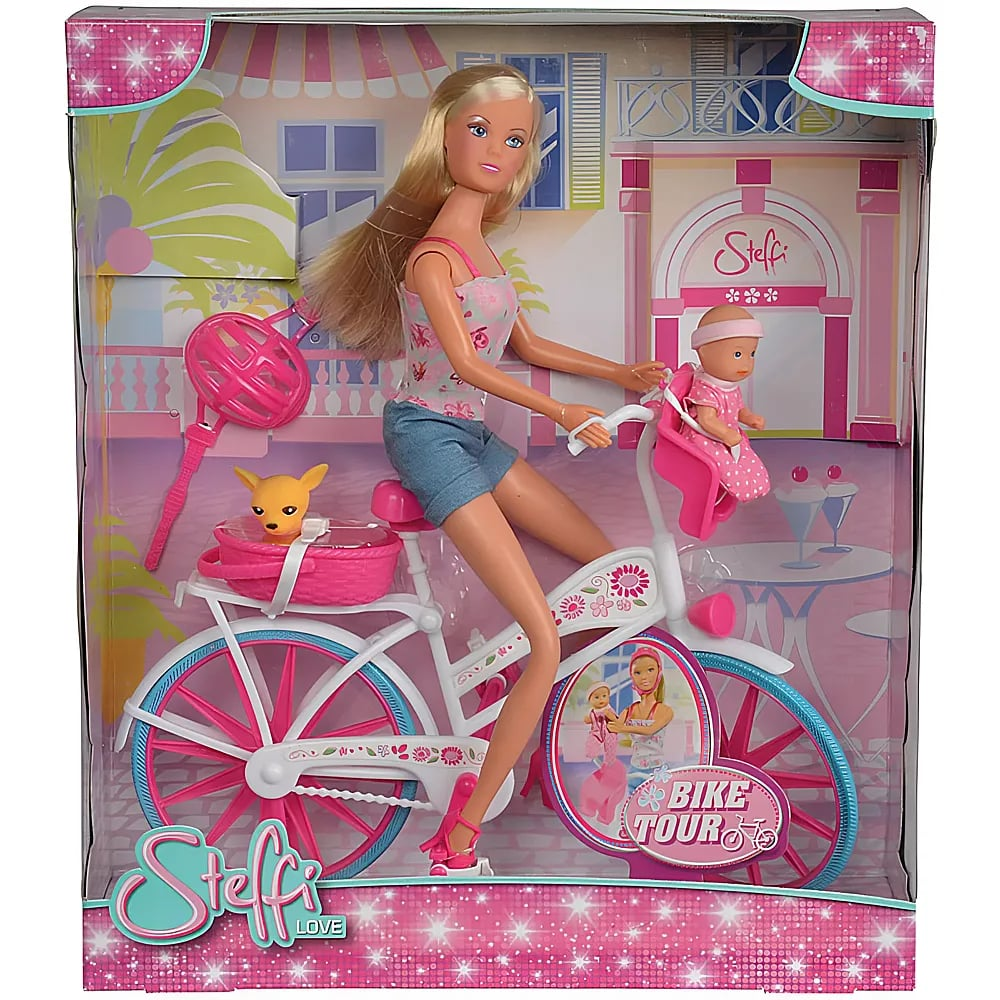 Bambola Steffi Love su bicicletta rosa e bianca con cagnolino e neonato in scatola.