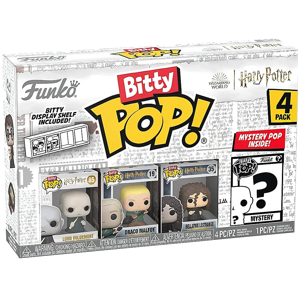 Zestaw 4 figurek Harry Potter Bitty Pop! z postaciami Lorda Voldemorta, Draco Malfoya i Bellatrix Lestrange.