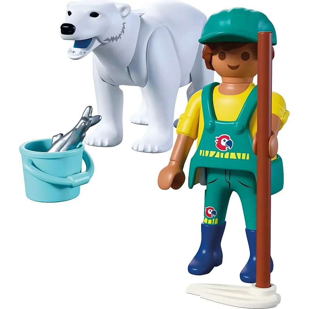 Figura de Playmobil en verde con una escoba, un oso polar y un cubo azul con peces.