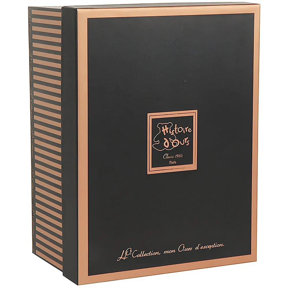 Schwarze und bronzefarbene Geschenkbox mit der Aufschrift Histoire d'Ours und Streifenmuster an der Seite.