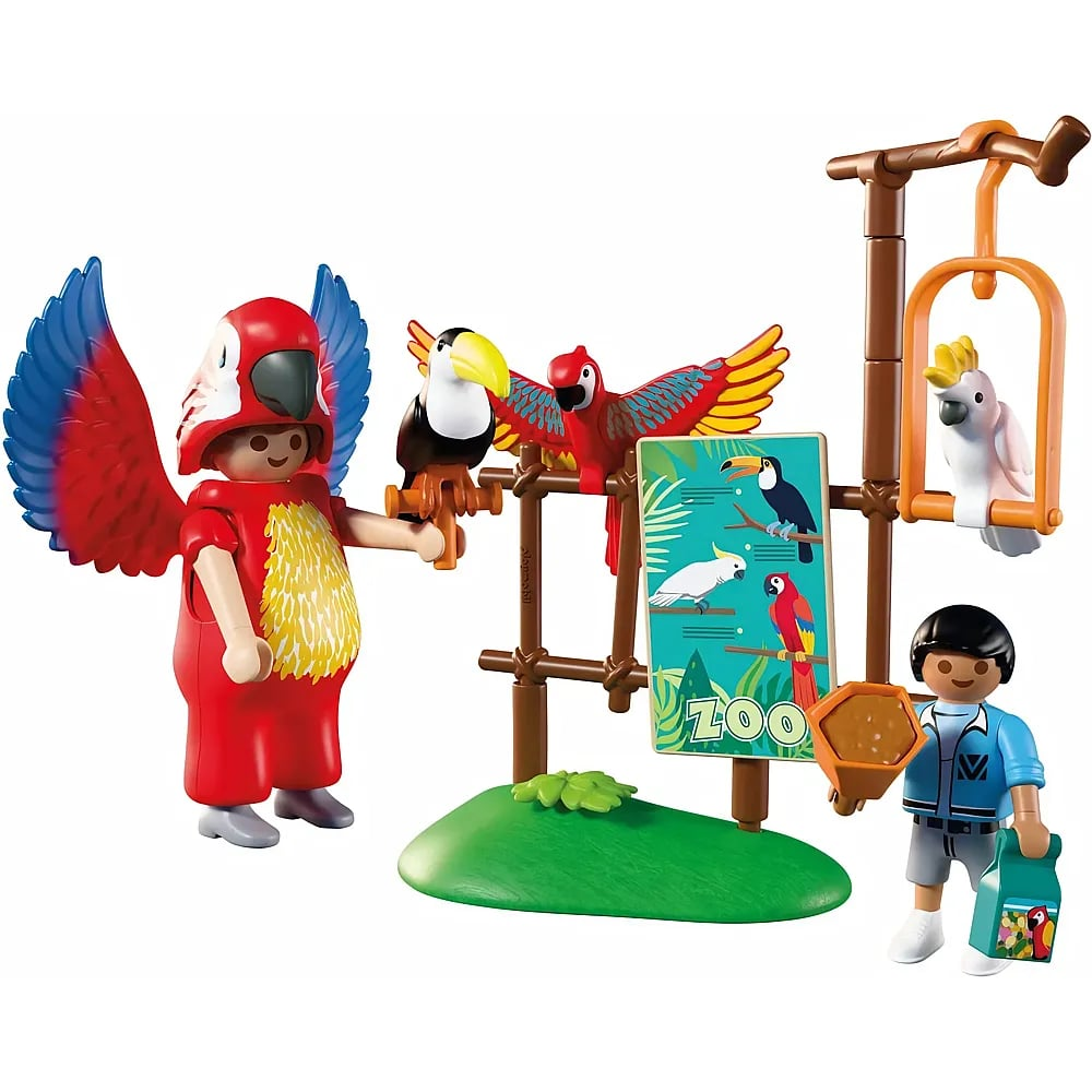 Set de zoológico Playmobil con figura de disfraz de pájaro, cuidador, aves de colores, letrero y accesorios.