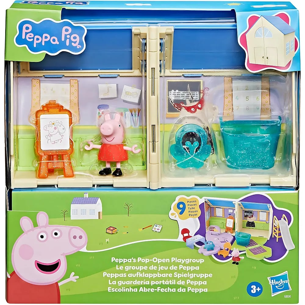 Set de juego Peppa Pig Pop-Open en caja con figura de Peppa, caballete y accesorios de clase.
