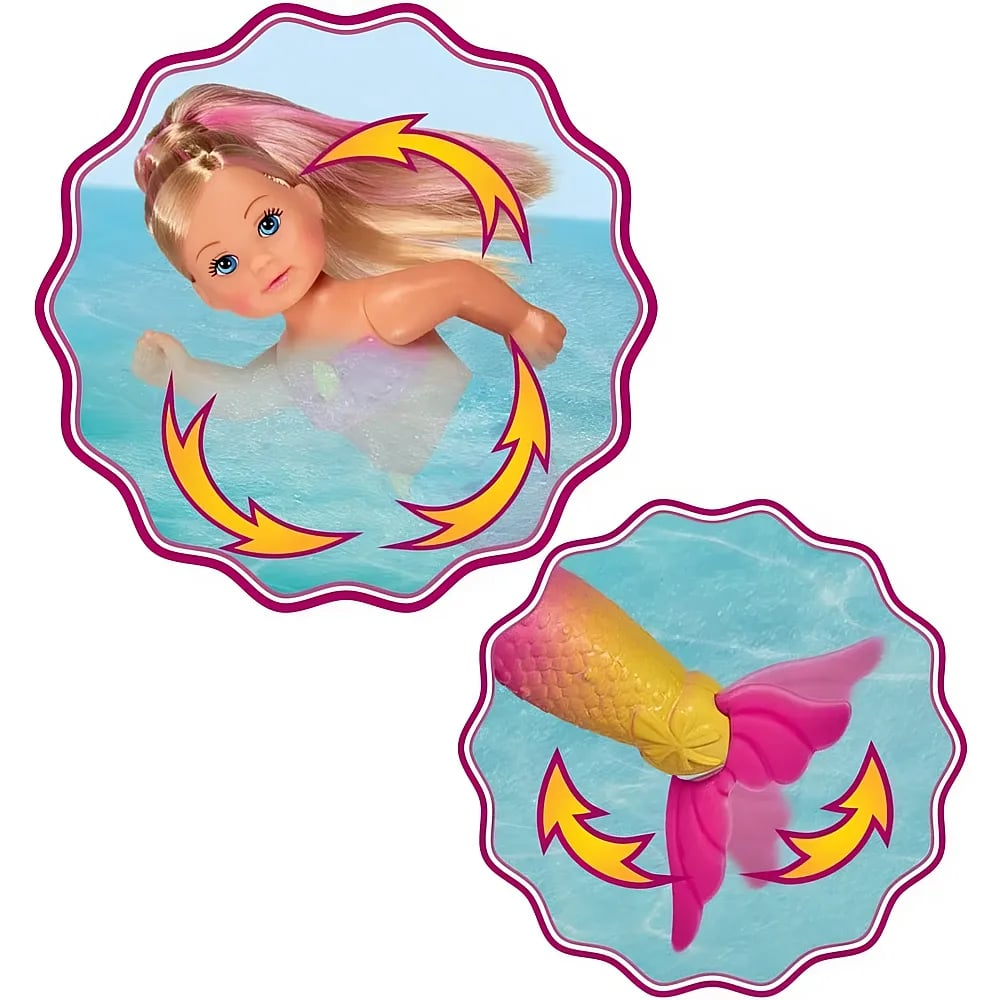 Eine Meerjungfrauenpuppe schwimmt im Wasser, darüber Detailansicht ihrer golden-pinken Schwanzflosse mit gelben Pfeilen.