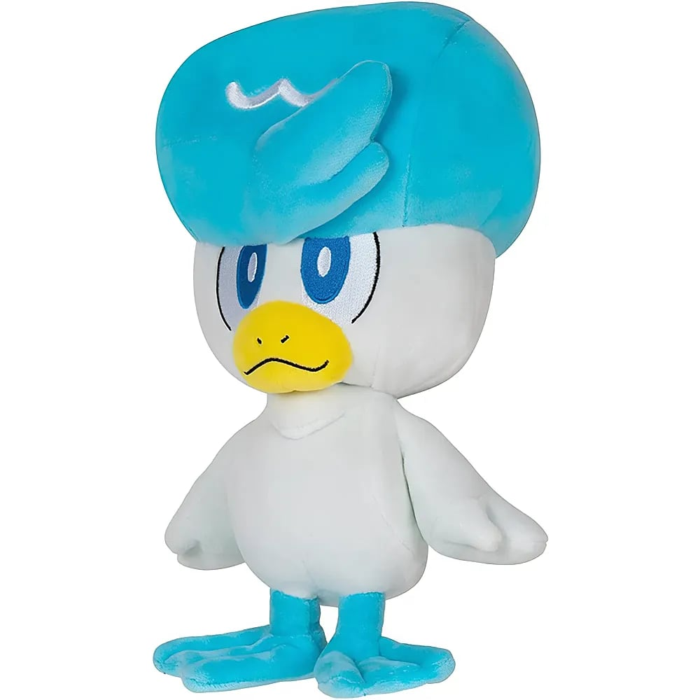 Un ave de peluche blanca con cabeza azul, cabello azul, pico amarillo y patas azules sobre fondo blanco.