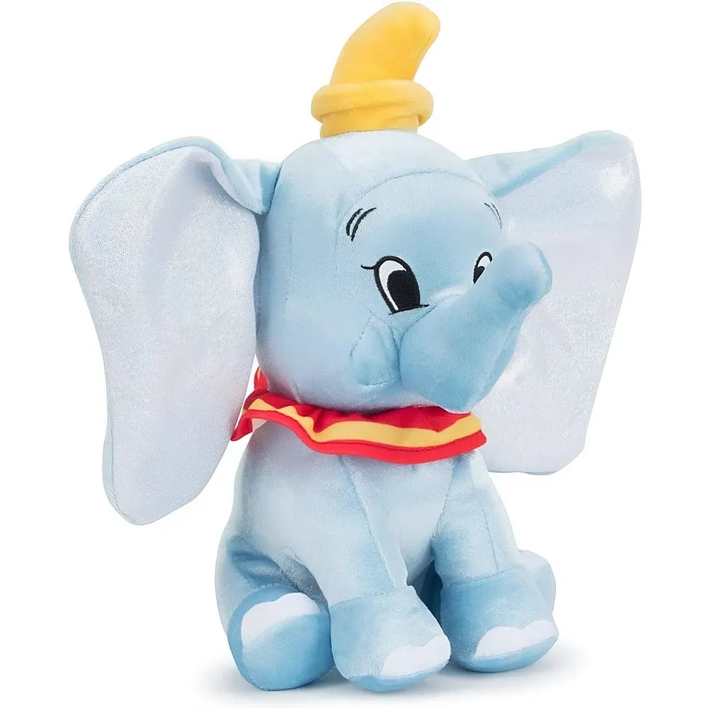 Blauer Plüschelefant mit großen Ohren, gelbem Hut und rot-gelbem Kragen auf weißem Grund.