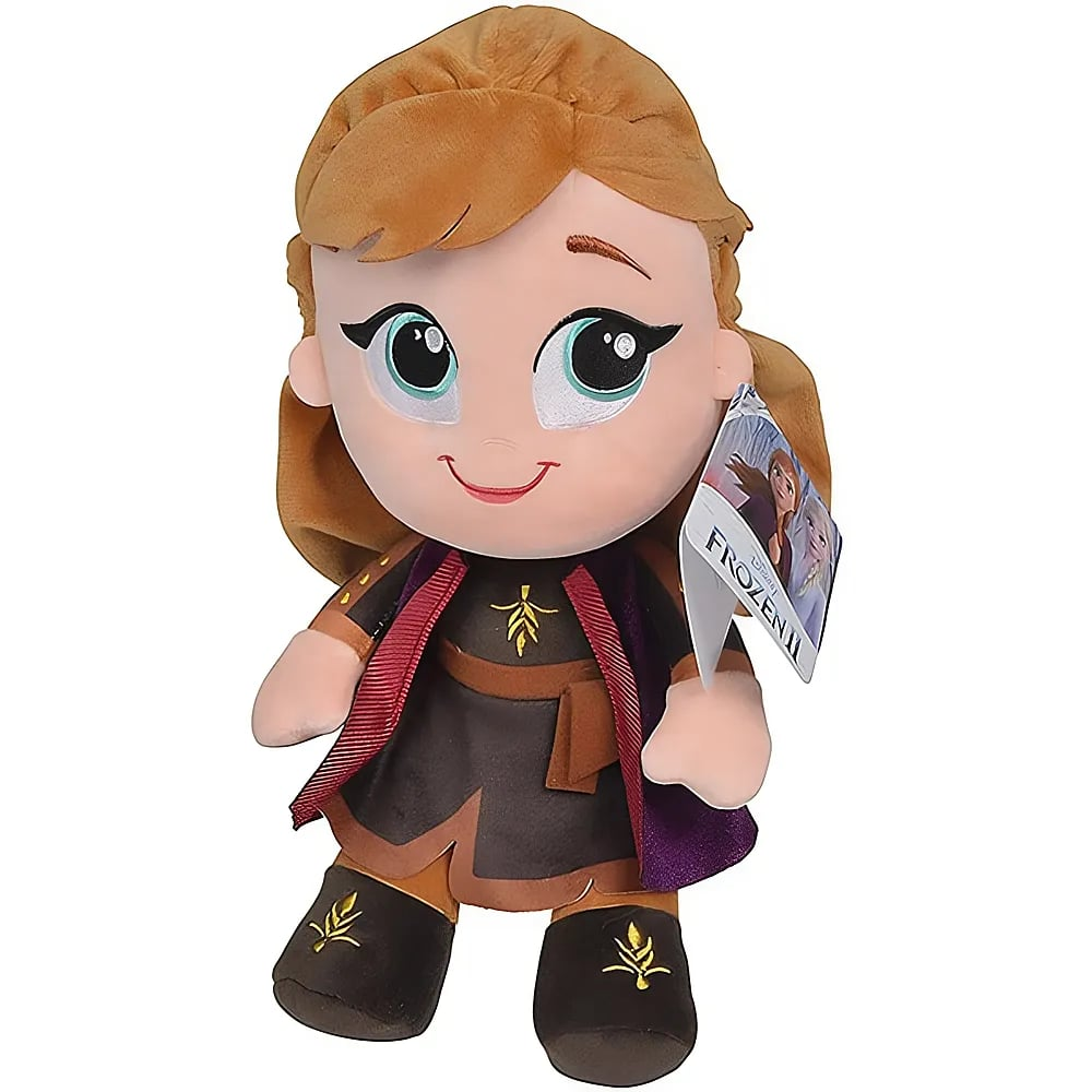 Ein Plüschtier von Anna aus Die Eiskönigin 2, mit dunklem Kleid, violettem Umhang, Stiefeln und Markenschild.