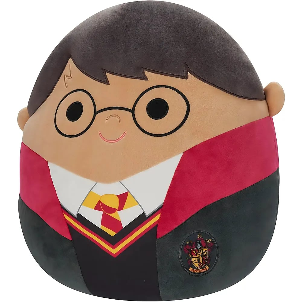Un peluche rotondo di Harry Potter con occhiali, cicatrice e uniforme di Grifondoro.