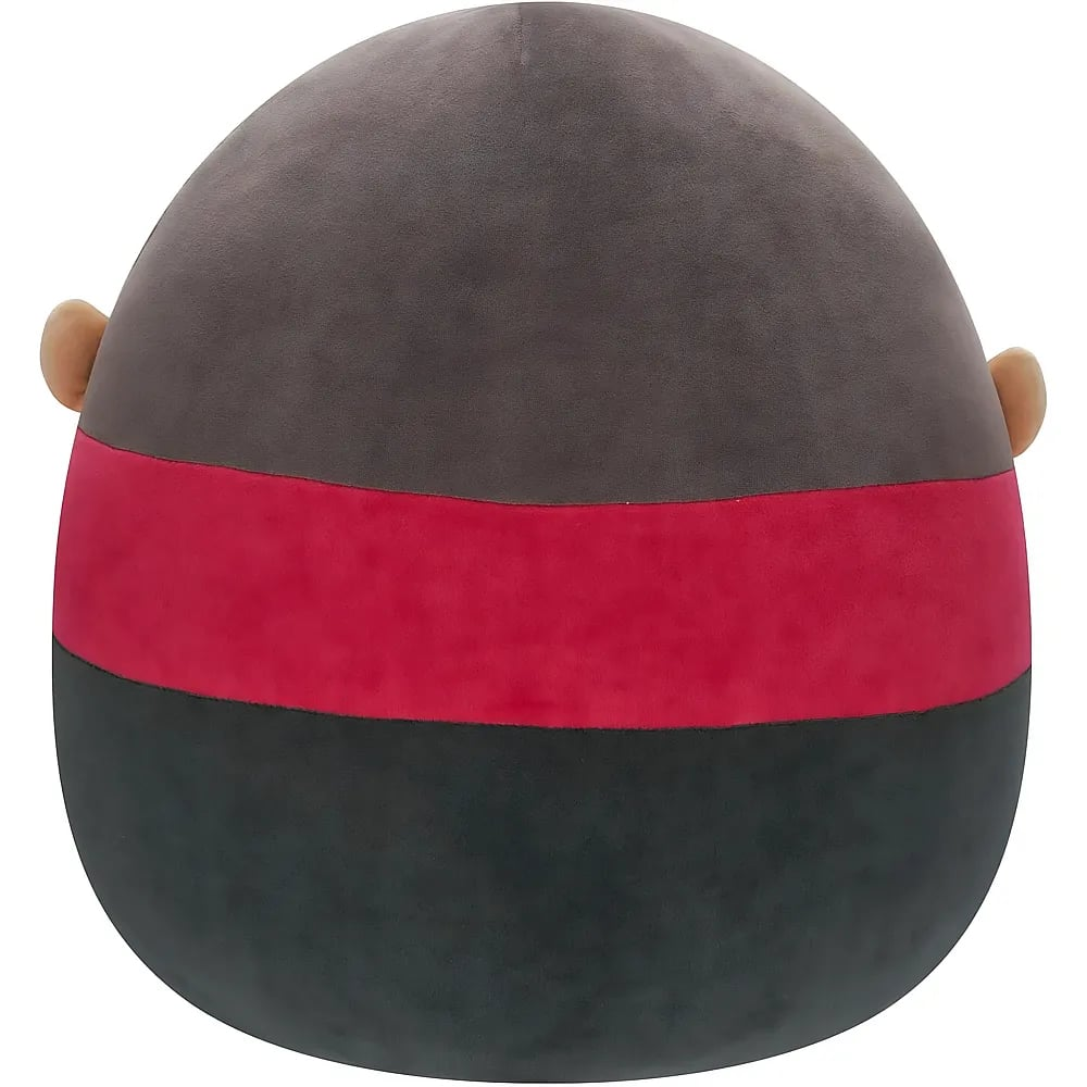 Un peluche rotondo con strisce marroni, rosse e nere e piccole orecchie su sfondo bianco.