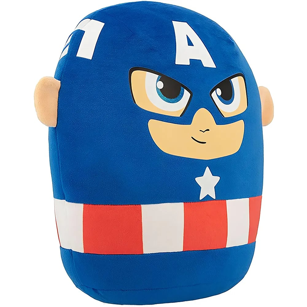 Ein Captain-America-Plüschtier mit blauem Helm, weißem A und rot-weißen Streifen auf weißem Hintergrund.