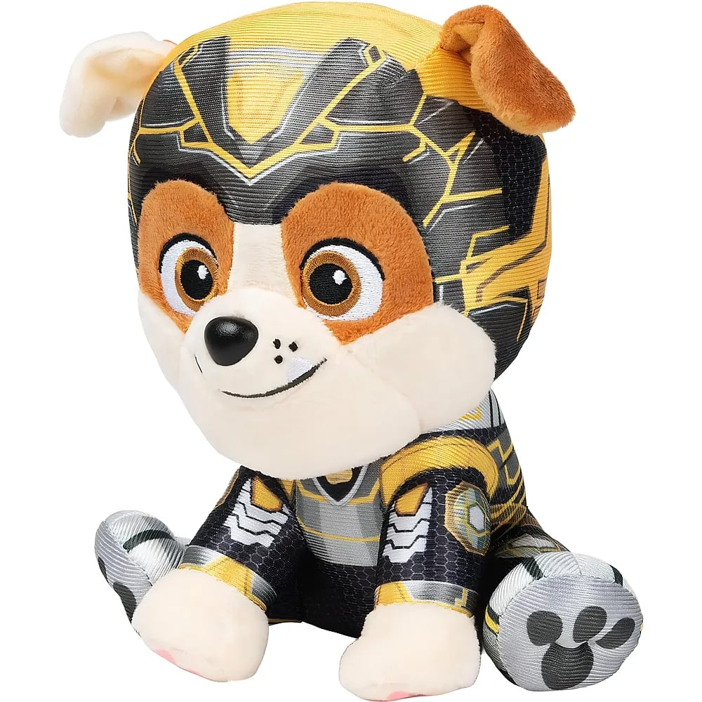 Un peluche di Rubble di PAW Patrol in uniforme nera, gialla e argento su sfondo bianco.