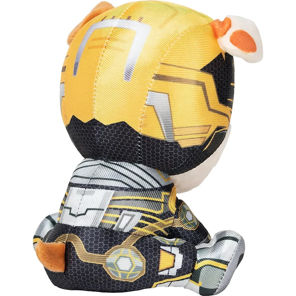 Vista posteriore di un peluche con tuta robotica gialla e nera e orecchie piccole.