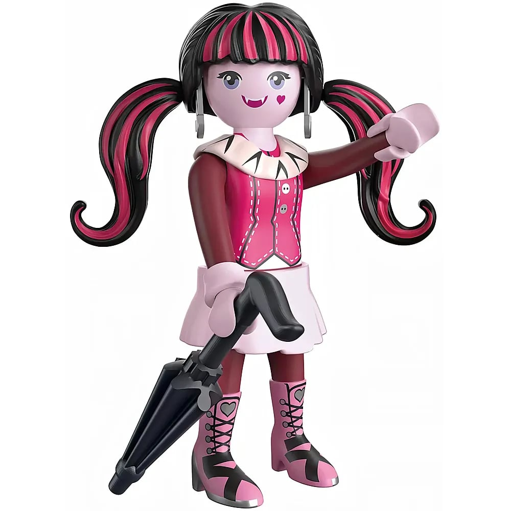 Figura de Playmobil Draculaura con cabello rosa y negro, falda blanca y paraguas negro.