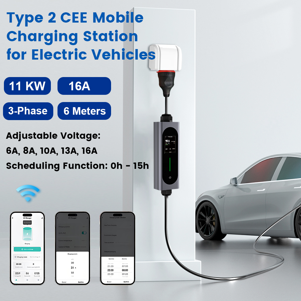 Stazione di ricarica mobile CEE Tipo 2 da 11kW con controllo app e auto grigia sullo sfondo.