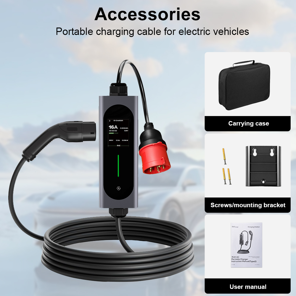 Cavo di ricarica EV portatile con display, custodia, staffa e manuale.