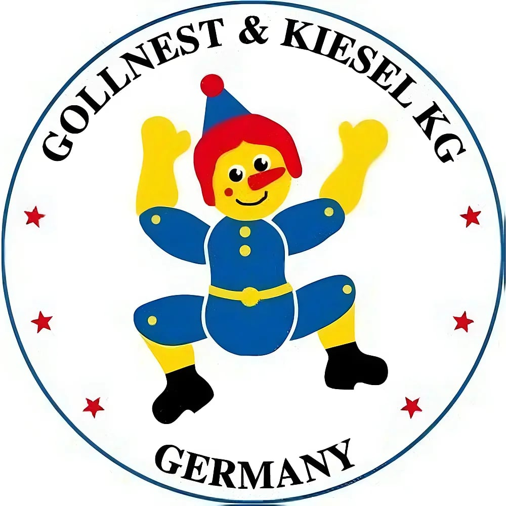 Rundes Logo mit blauem Clown in der Mitte, umgeben von Text und roten Sternen.
