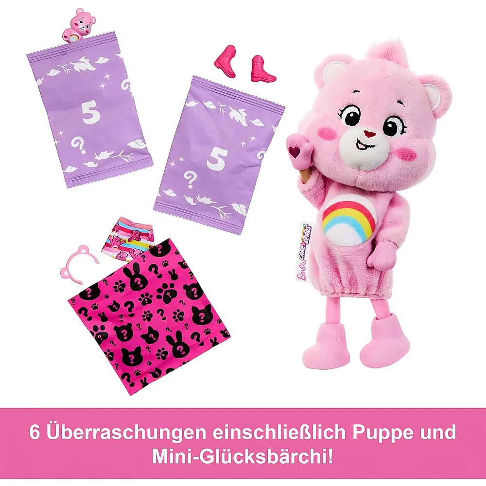 Muñeca de peluche rosa Care Bears con accesorios y bolsas sorpresa de colores.