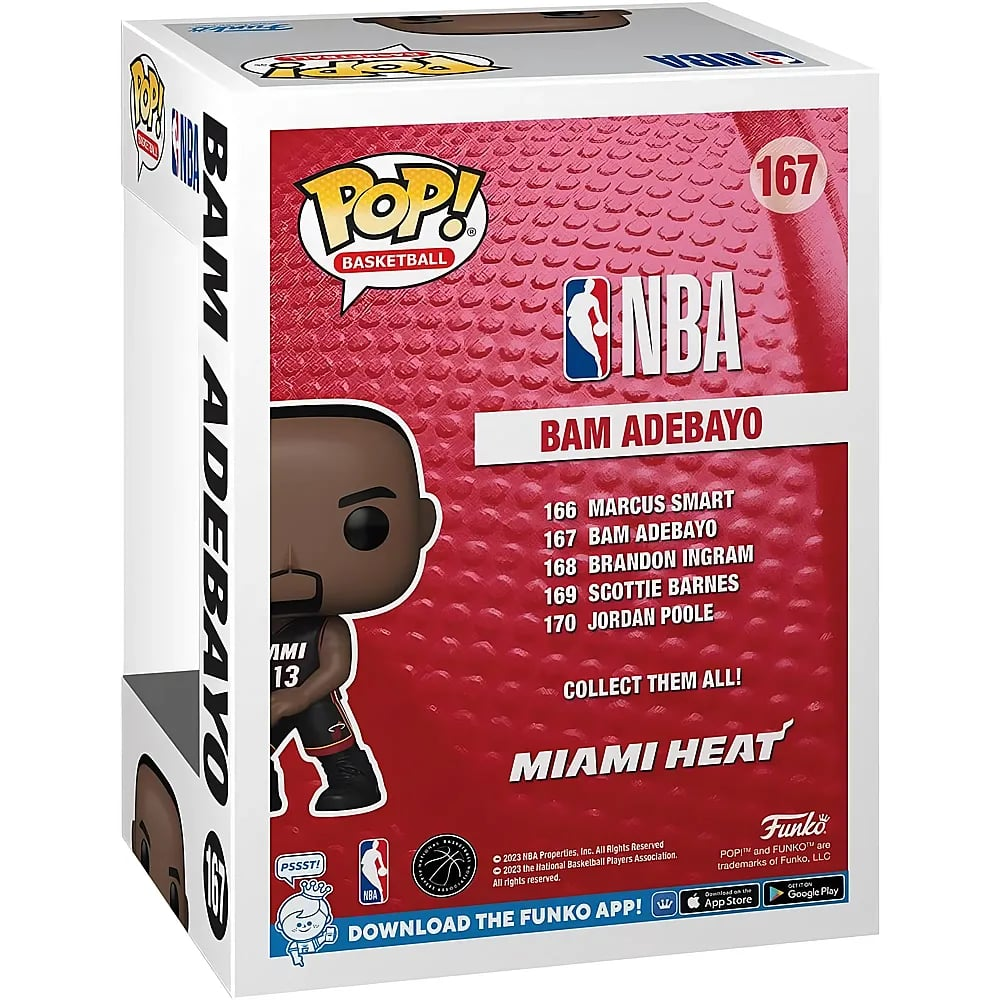 Boîte Funko Pop avec figurine de Bam Adebayo en maillot du Miami Heat sur fond rouge avec logo NBA.