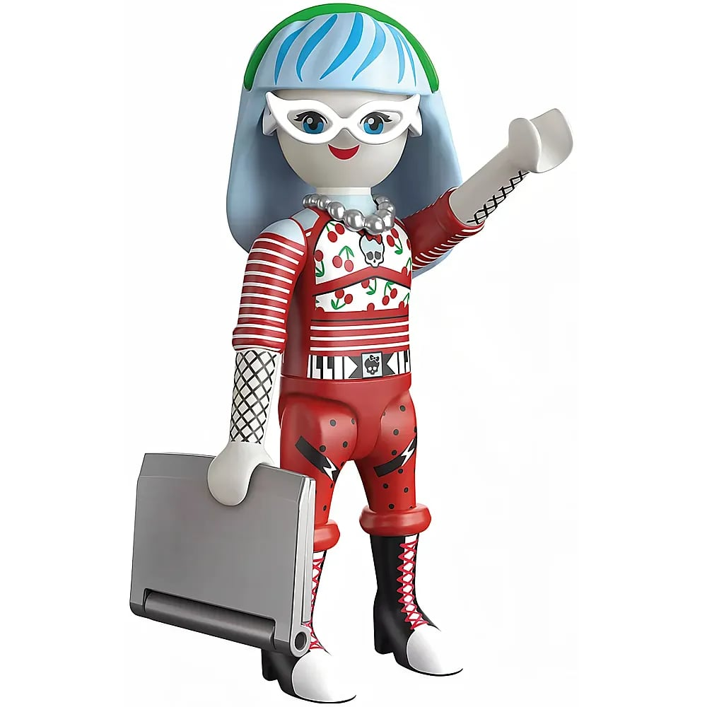 Playmobil-Figur mit blauem Haar, rotem Kirschkleid, Stiefeln, sie hält einen grauen Laptop und winkt.