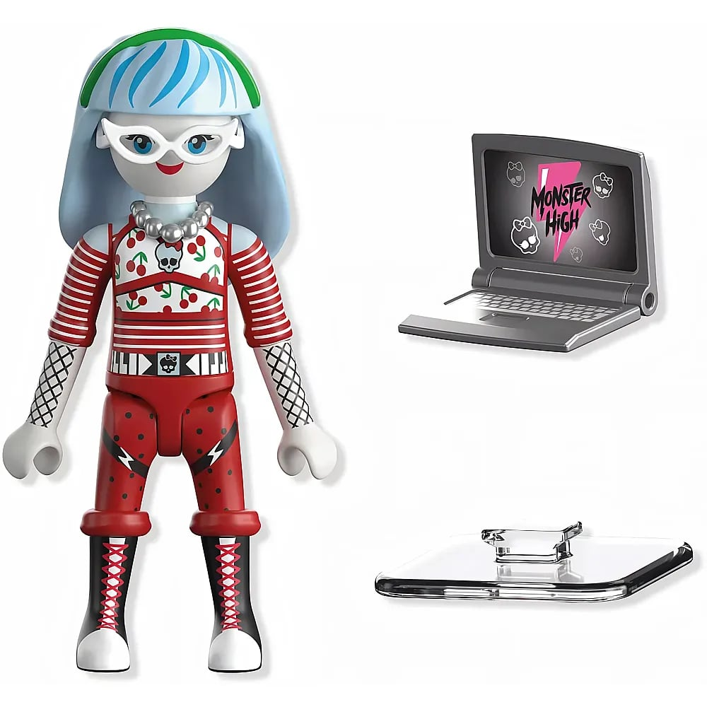 Eine Monster High Spielfigur mit blauem Haar und weißer Brille, daneben ein Laptop und ein Standfuß.