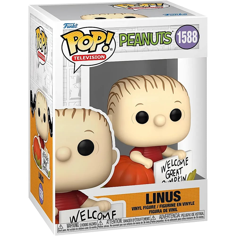 Figurka winylowa Funko Pop Linus z Peanuts z dynią i tabliczką w pudełku.