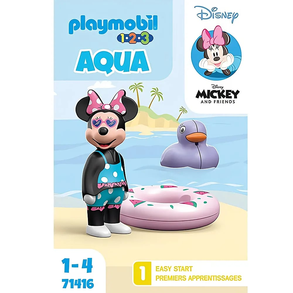 Playmobil 1.2.3 Aqua Box mit Minnie Maus Figur, Schwimmring und Ente im Strandsetting.