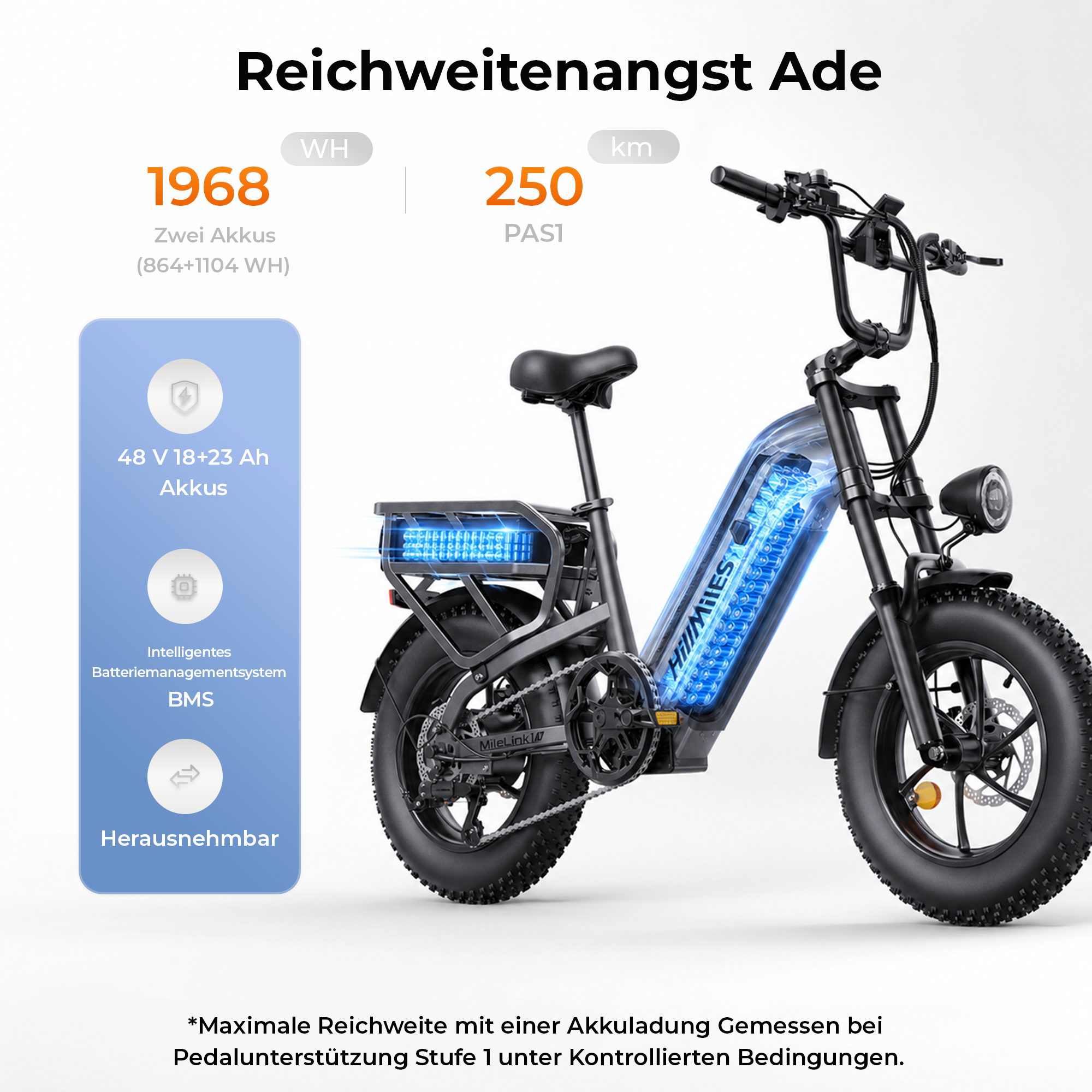 Ein schwarzes E-Bike mit beleuchtetem blauen Akku und Infografiken zur Reichweite.
