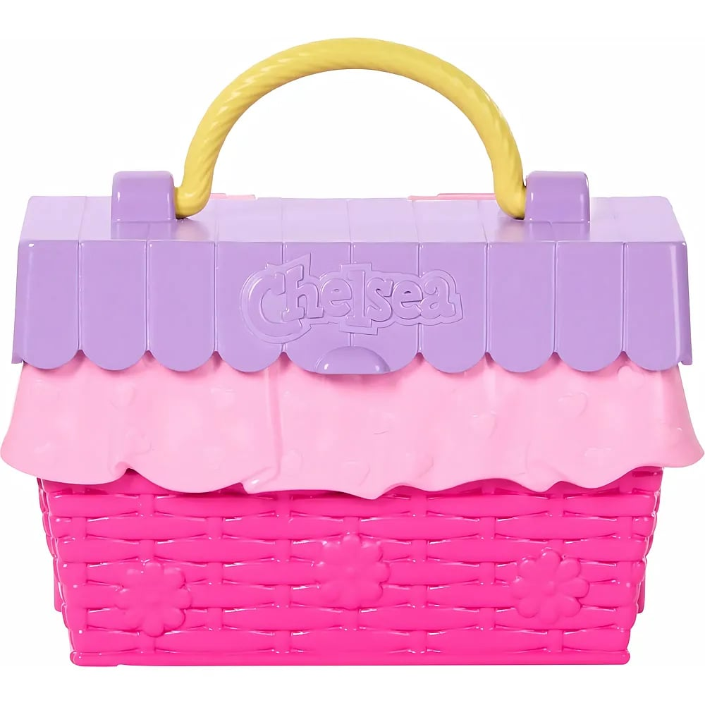 Cesta de plástico rosa con asa amarilla, tapa lavanda y la palabra Chelsea.