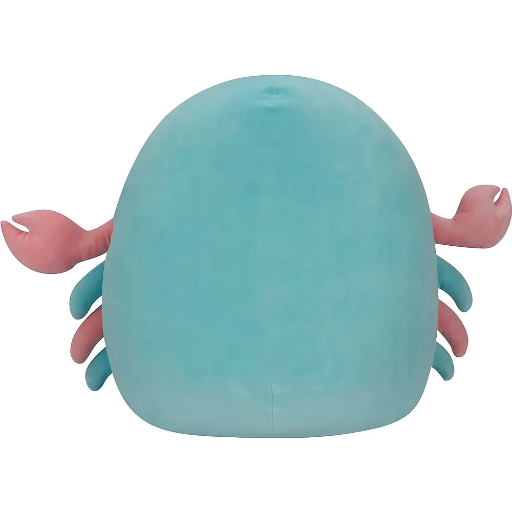 Ein runder, hellblauer Plüschkrabben-Kuscheltier mit kleinen rosa Scheren und Beinen auf weißem Hintergrund.