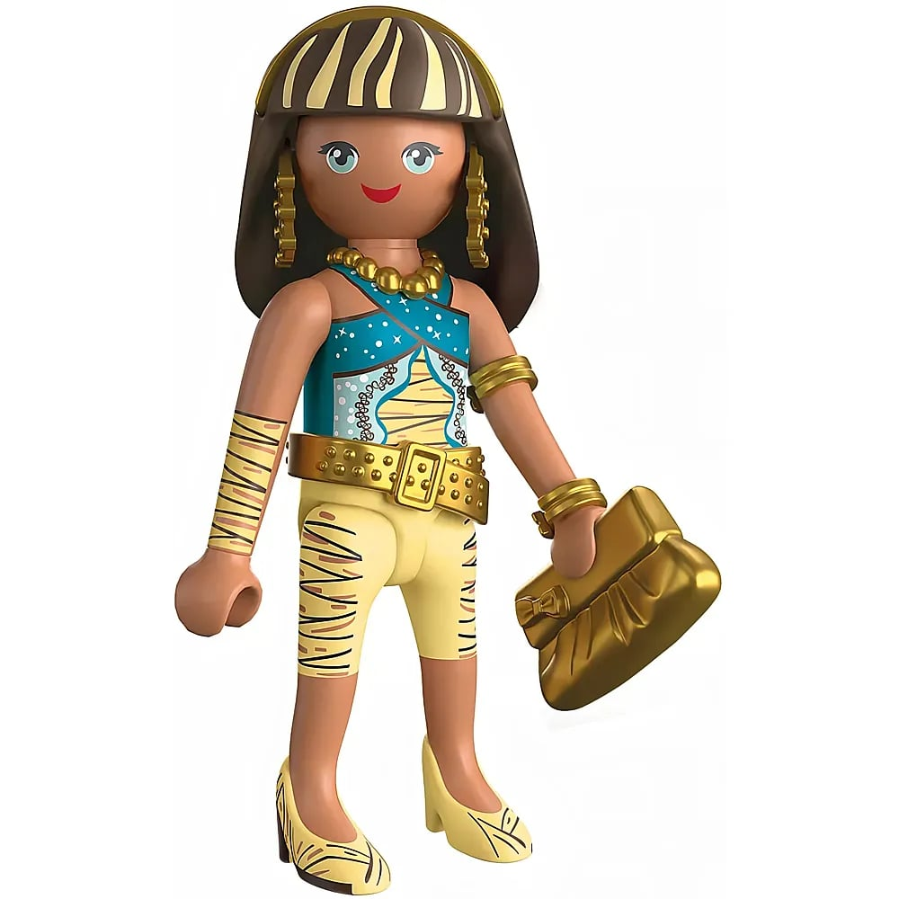 Eine Spielfigur im ägyptischen Stil mit blauem Oberteil, gelben Hosen, goldenem Gürtel und einer goldenen Handtasche.