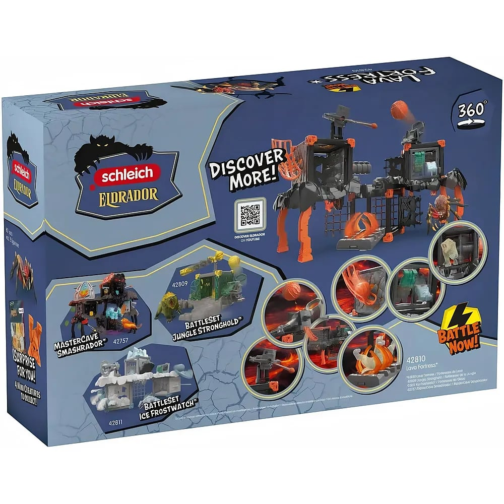 Schleich Eldrador Lava Festung Spielzeugverpackung mit Bildern von Spielfiguren und Sets.