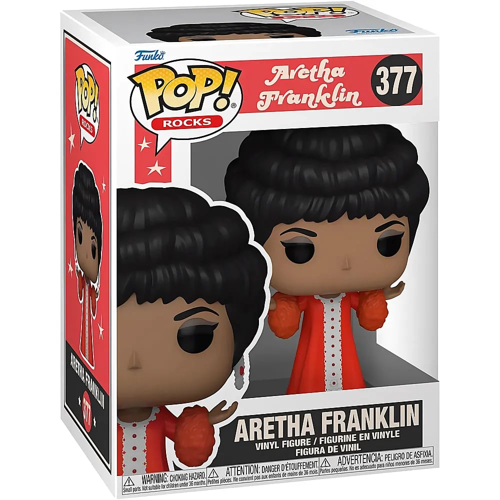 Figura de vinilo Funko Pop de Aretha Franklin en su caja original con vestido rojo.