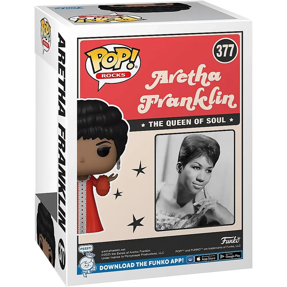 Caja de Funko Pop de Aretha Franklin con figura en vestido rojo y foto.
