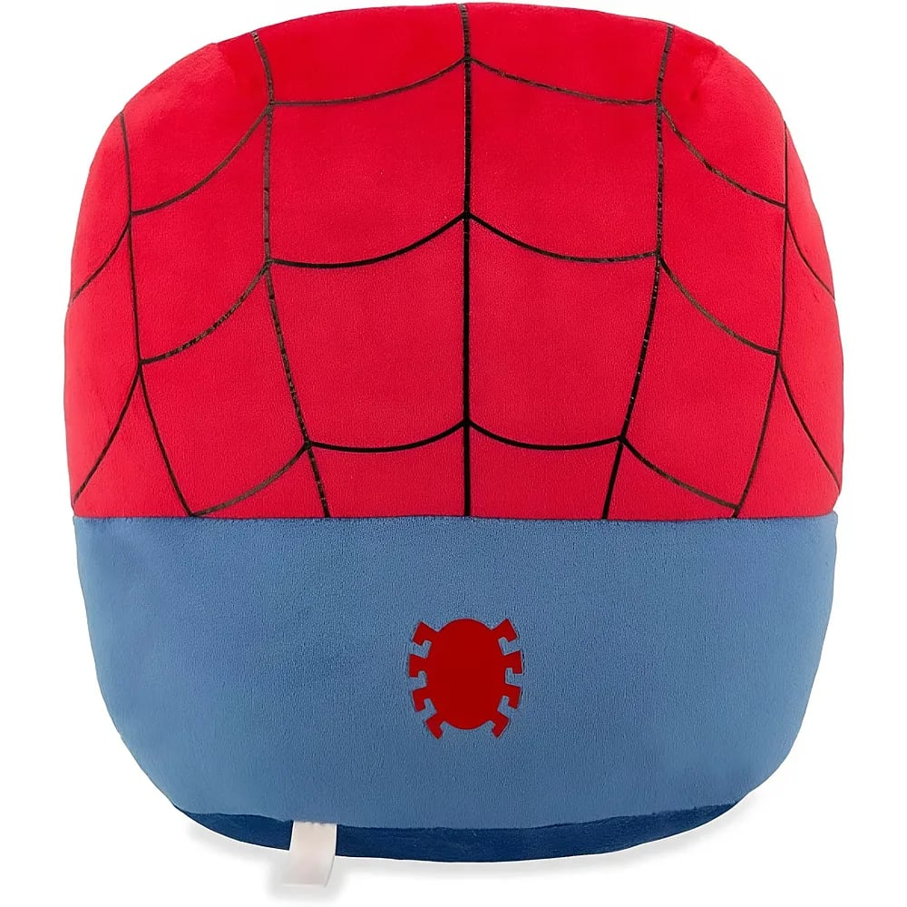 Ein Spider-Man-Plüschkissen mit rotem Spinnennetz-Oberteil und blauem Unterteil mit einem roten Spinnensymbol.