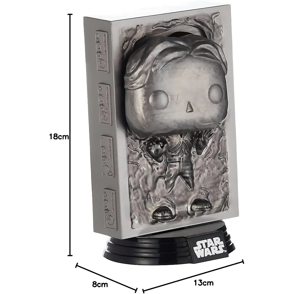 Eine silberne Star Wars Han Solo in Karbonit Figur auf einem schwarzen Sockel, 18cm hoch, 13cm breit und 8cm tief.