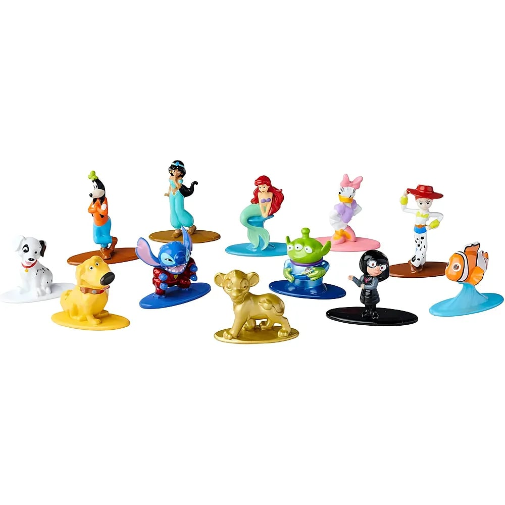 Eine Sammlung bunter Disney- und Pixar-Figürchen auf weißem Hintergrund.