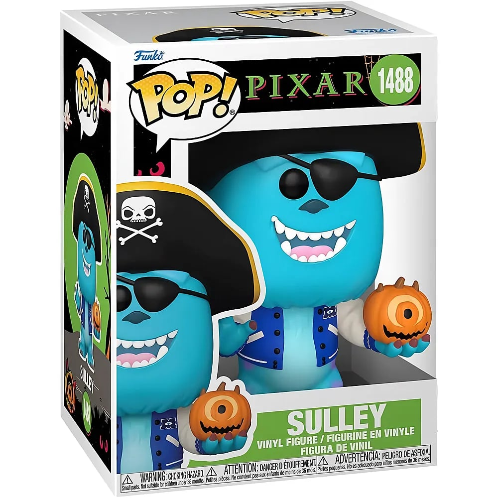 Caja Funko Pop con figura de vinilo de Sulley azul vestido de pirata, sosteniendo una calabaza.