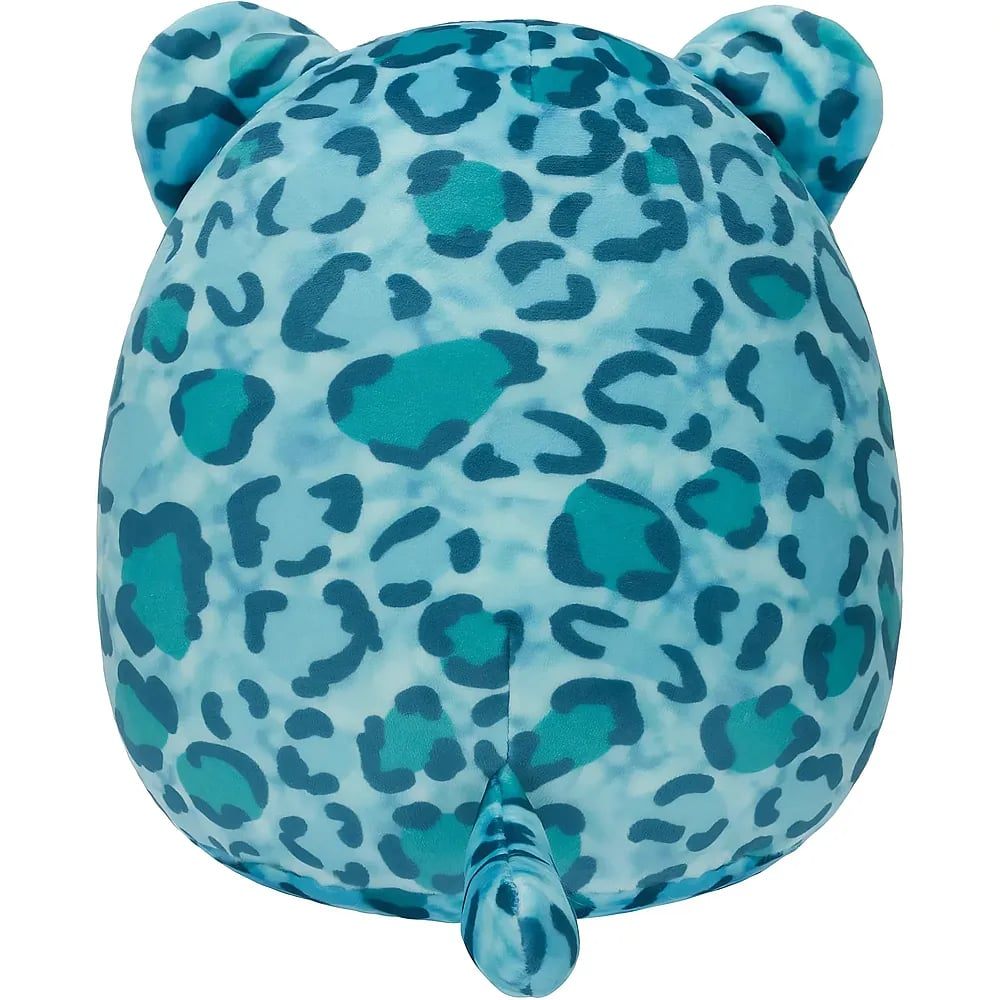 Rückseite eines plüschigen blauen Leoparden-Stofftiers mit dunkleren Mustern und einem kleinen Schwanz.