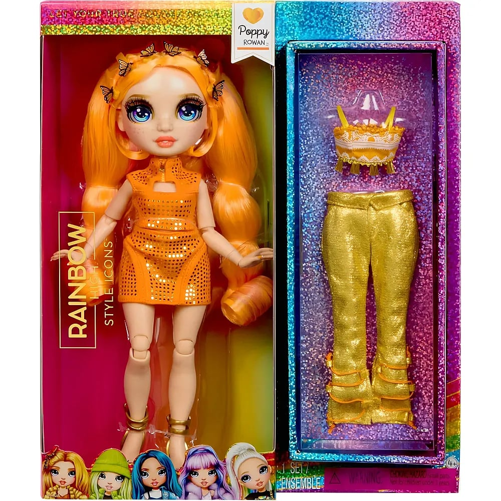Una muñeca de moda Rainbow High con pelo y vestido naranja en una caja colorida con ropa extra.