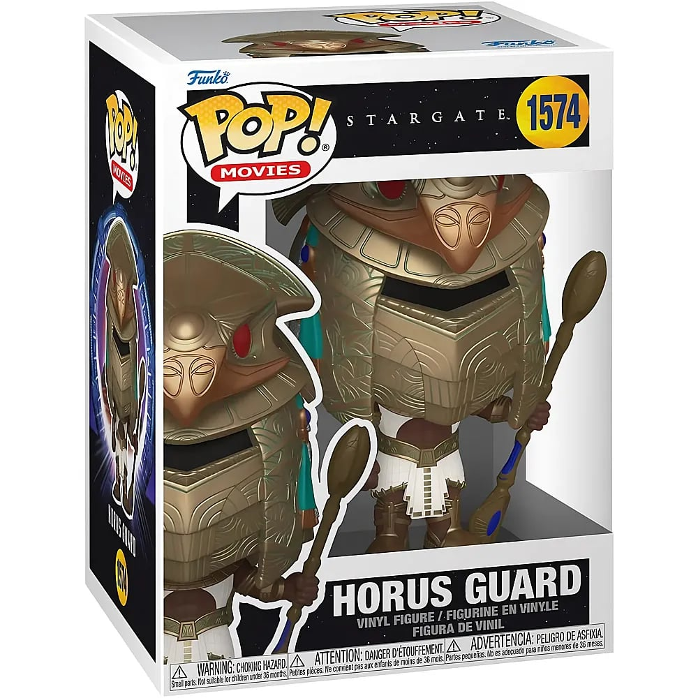 Figura de vinilo Funko Pop Horus Guard en caja con casco dorado y bastón.