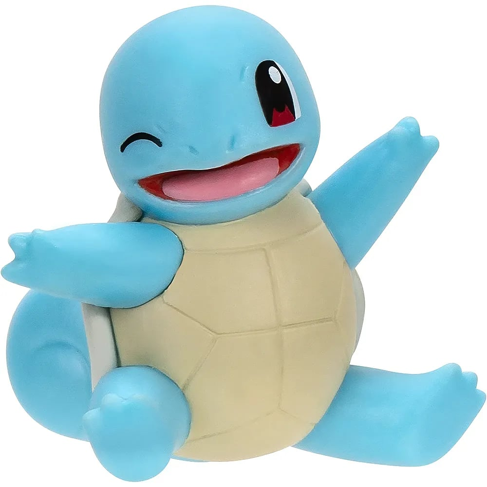 Blaue Squirtle-Pokémon-Figur winkt fröhlich und lächelt auf weißem Hintergrund.