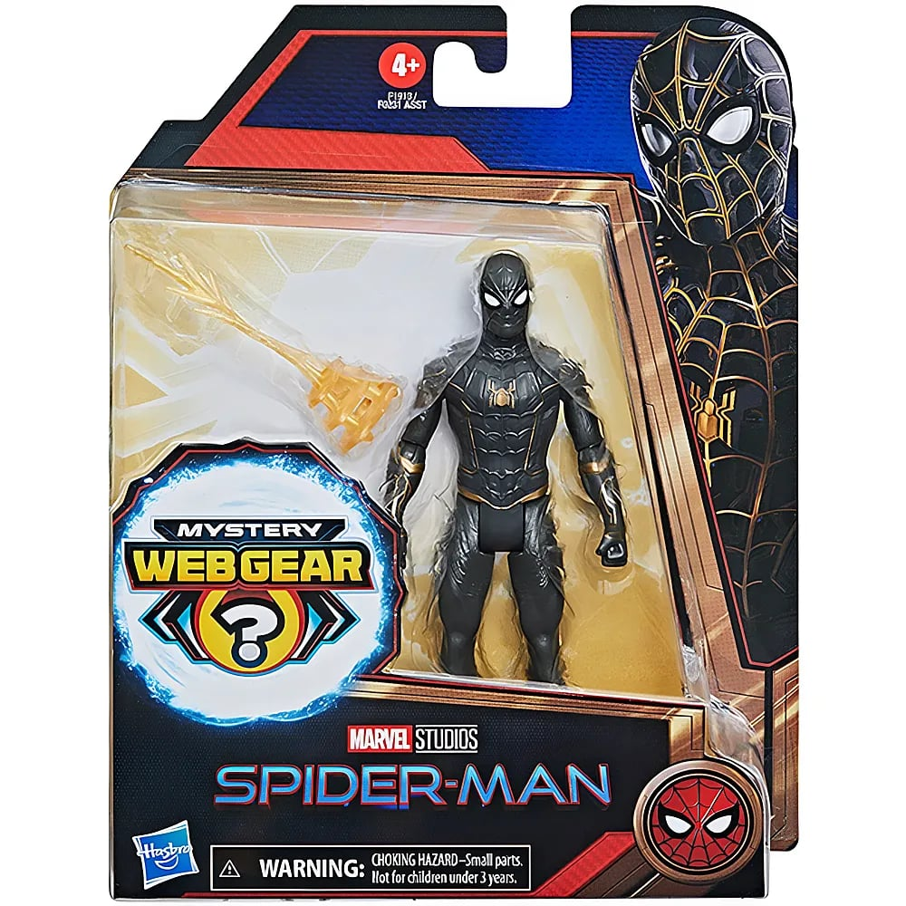 Spider-Man Actionfigur im schwarzen und goldenen Anzug mit gelbem Web-Zubehör in der Verpackung.