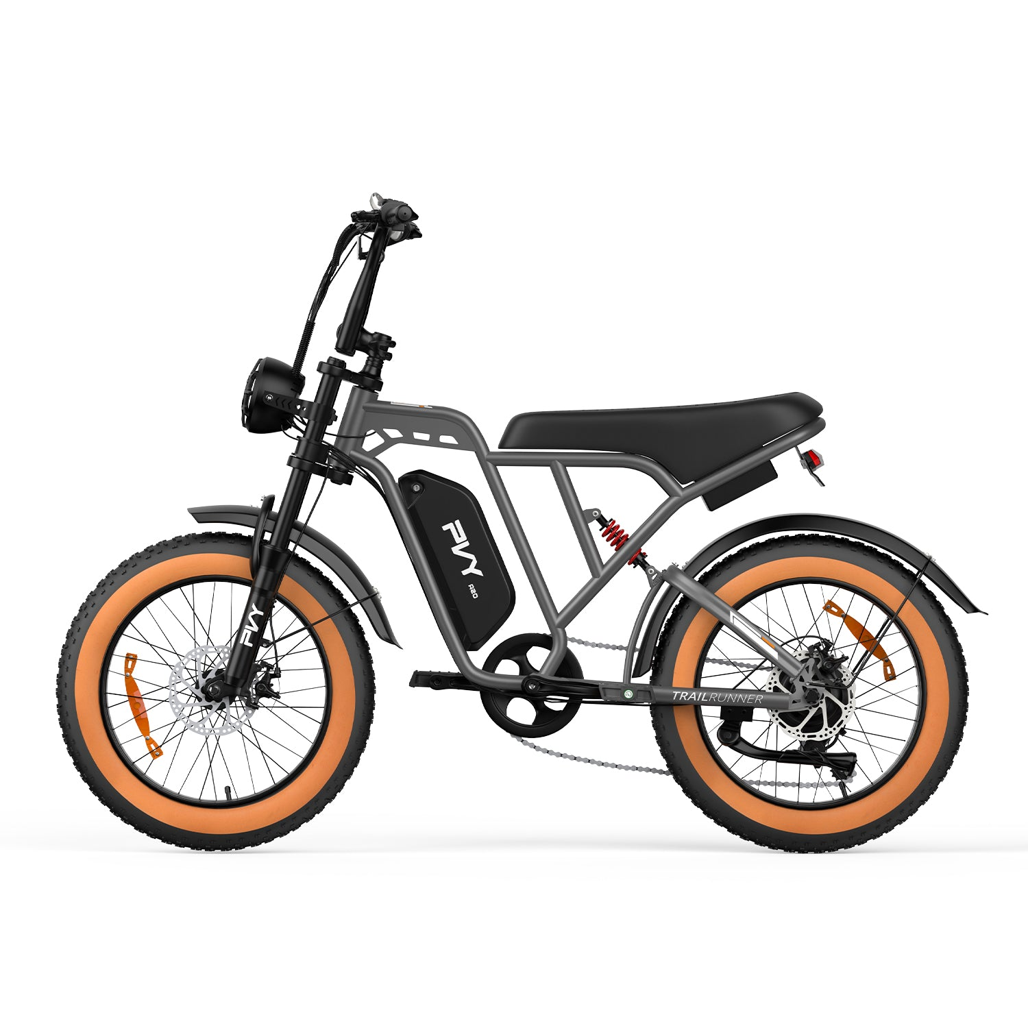 Ein graues Elektrofahrrad mit dicken Reifen und orangen Akzenten auf weißem Hintergrund.