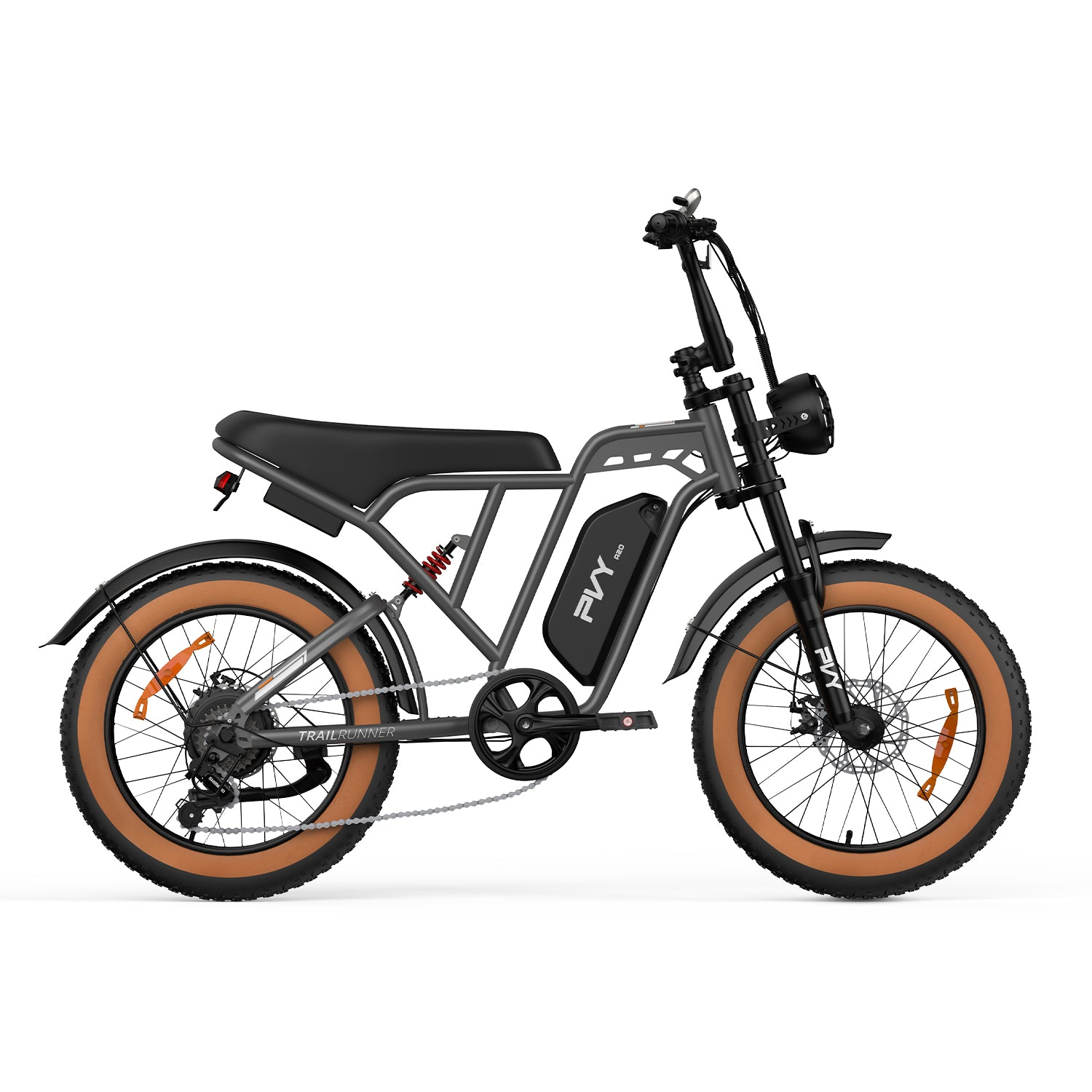 Graues Elektrofahrrad mit dicken Reifen, langem Sitz und schwarzem Akku auf weißem Hintergrund.