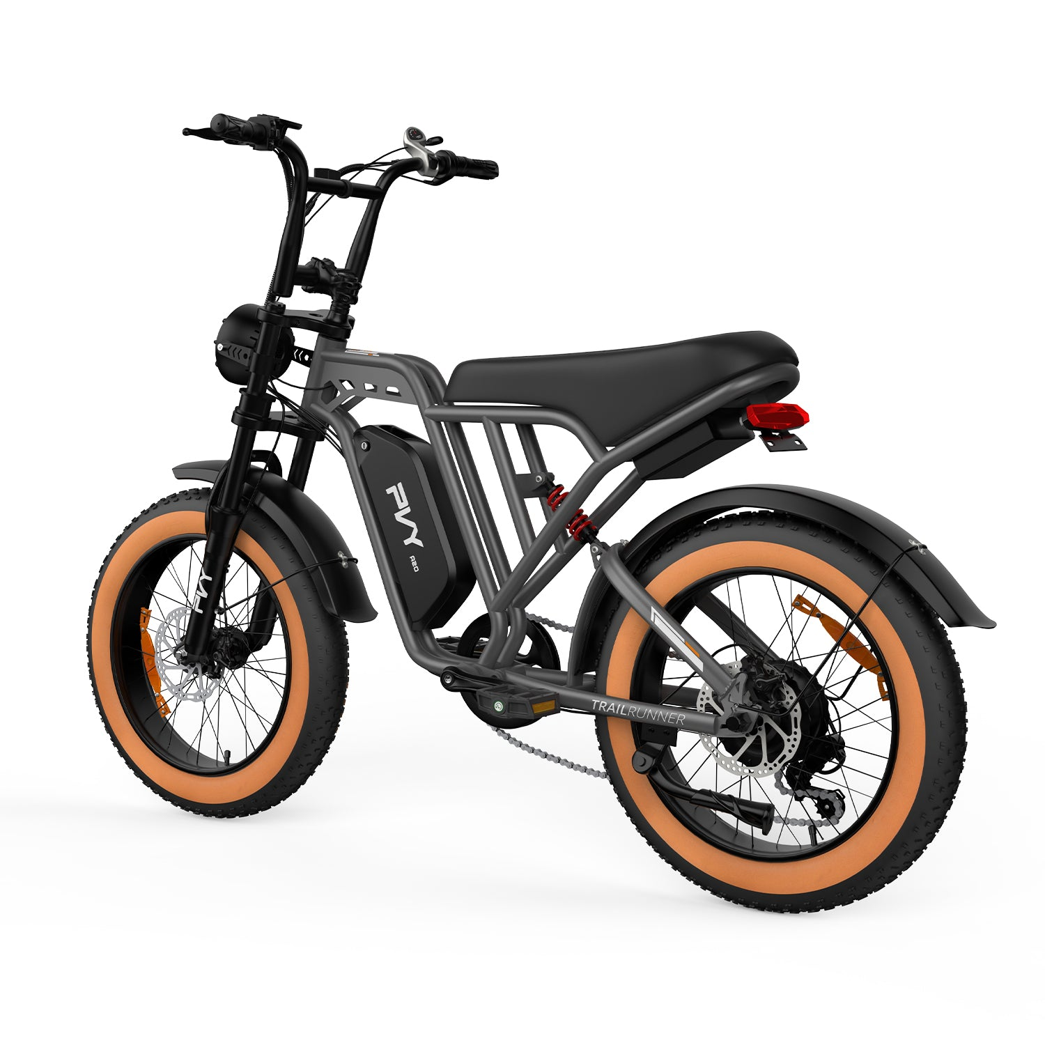 Graues Elektrofahrrad mit orangefarbenen Reifen und schwarzem Sitz vor weißem Hintergrund.