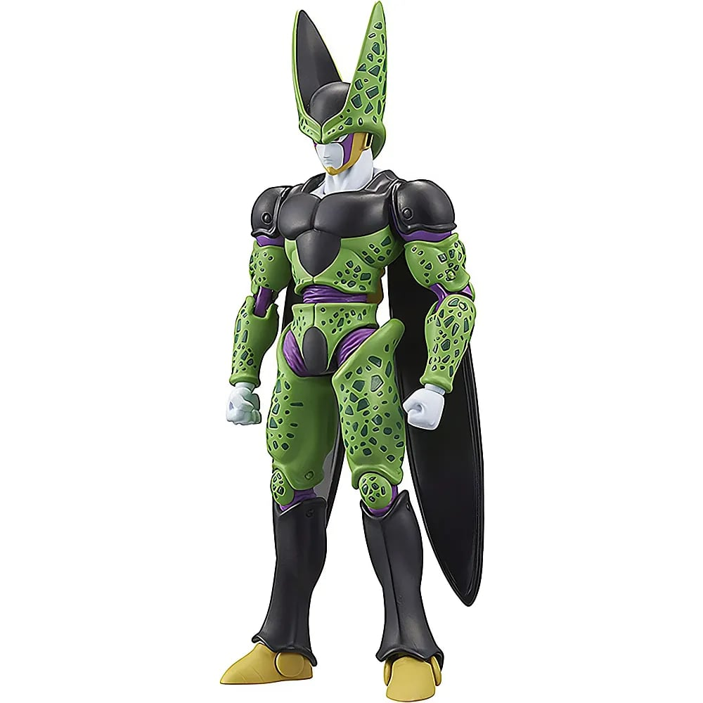 Figura de acción de Cell de Dragon Ball con cuerpo verde moteado y alas negras sobre fondo blanco.